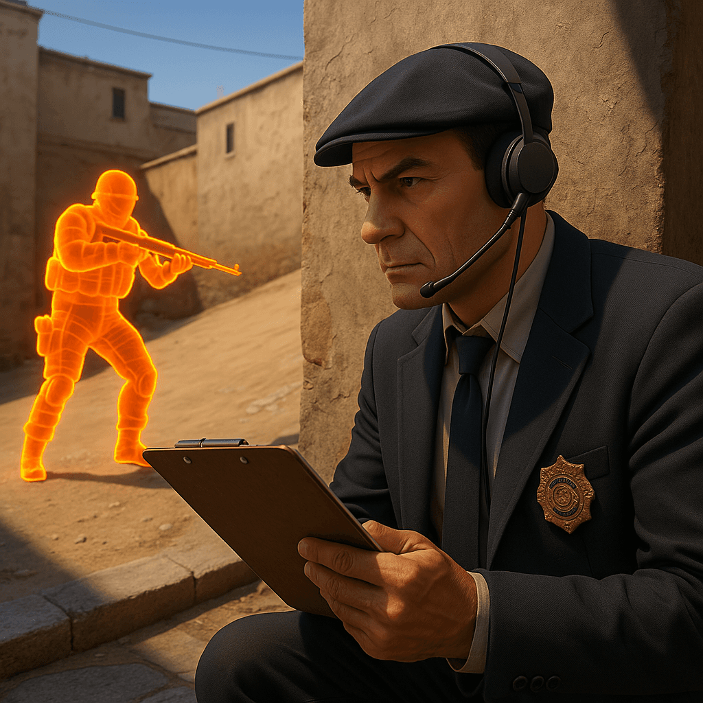 Detective crouching behind a stone wall on Dust2 Ramp, holding a clipboard and observing a glowing orange wallhacker with a rifle in a Counter-Strike style game environment.